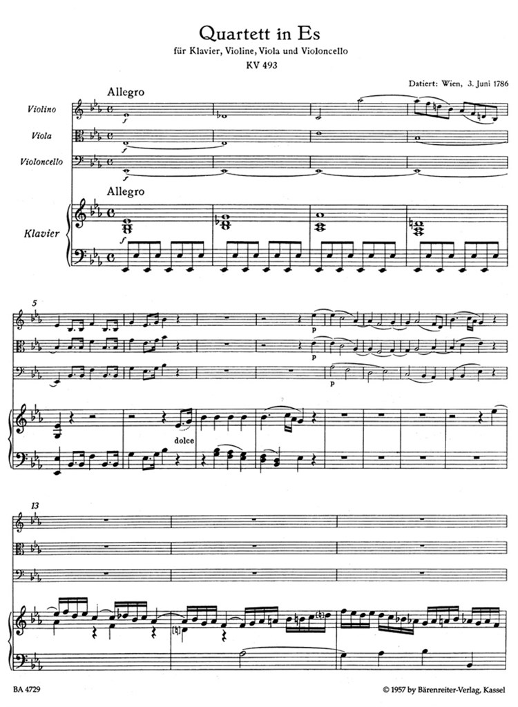 Piano Quartet E Flat K493 Parts